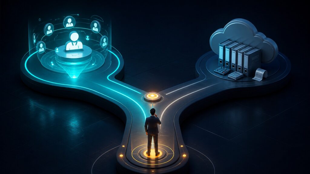 Editorial business scene illustrating lead management software and cloud accounting software
