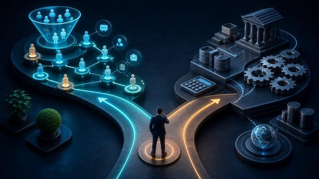 Editorial business scene illustrating lead management software and enterprise accounting software