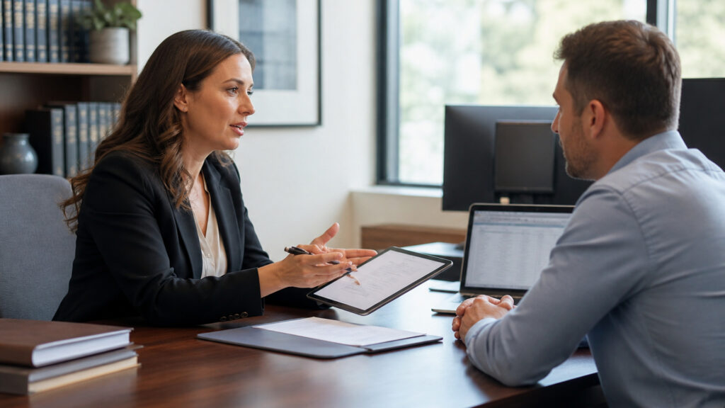 Editorial business scene illustrating legal document management software and cloud document management systems
