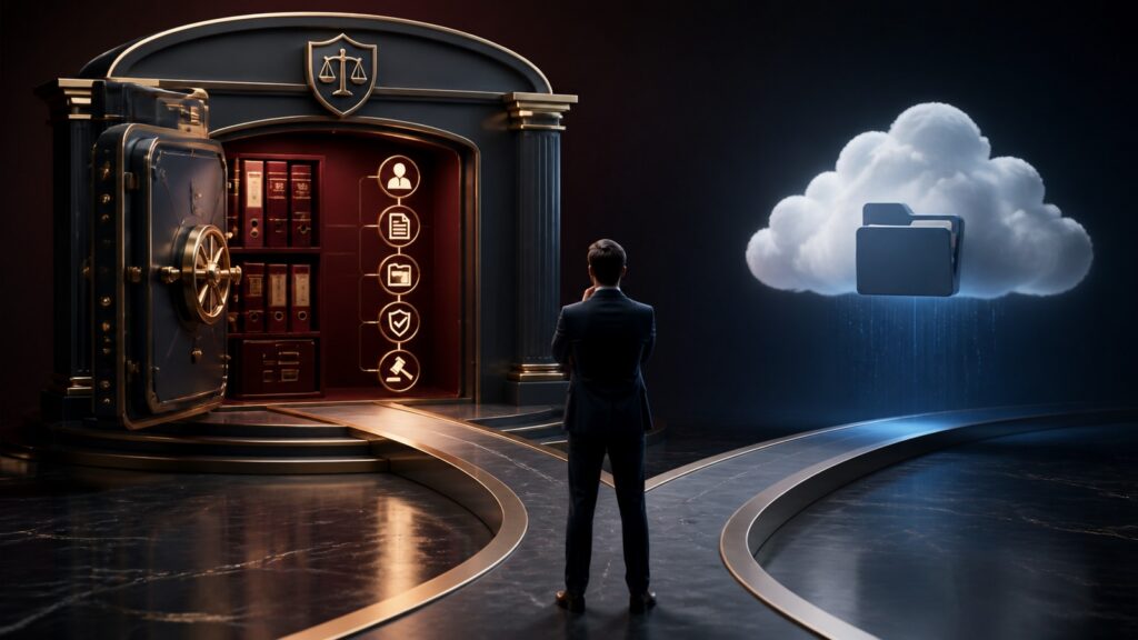 Editorial business scene illustrating legal document management software and cloud document management systems