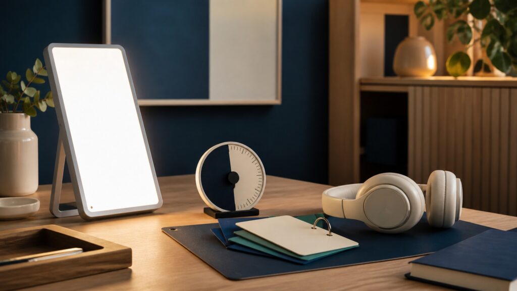 People-free editorial still life illustrating circadian light input contrasted with attention planning