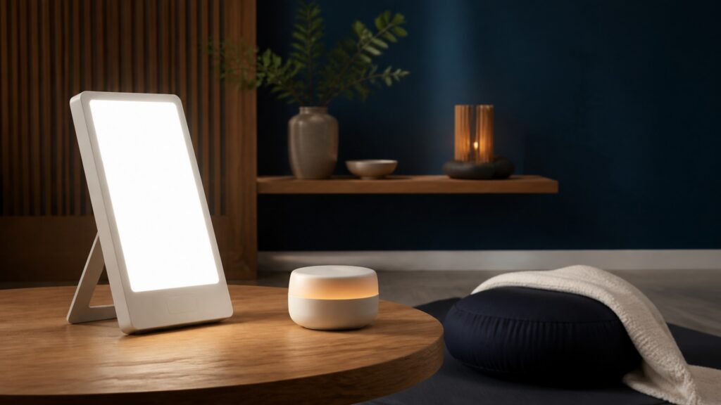 People-free editorial still life illustrating controlled light exposure contrasted with guided attention