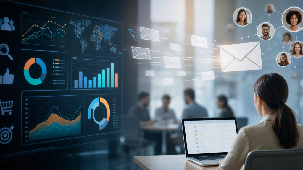 Editorial business scene illustrating marketing analytics platforms and email marketing software