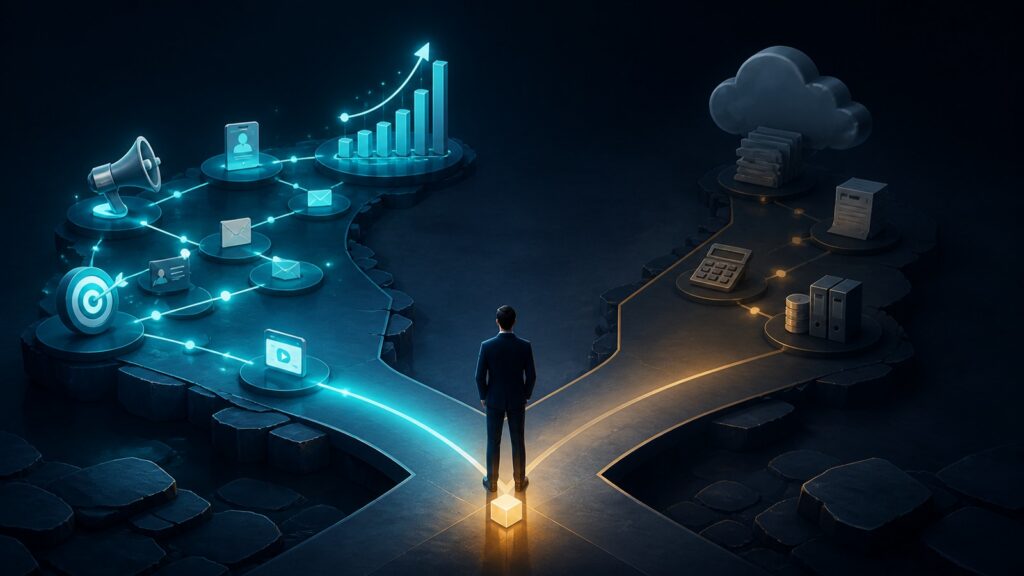 Editorial business scene illustrating marketing attribution software and cloud accounting software