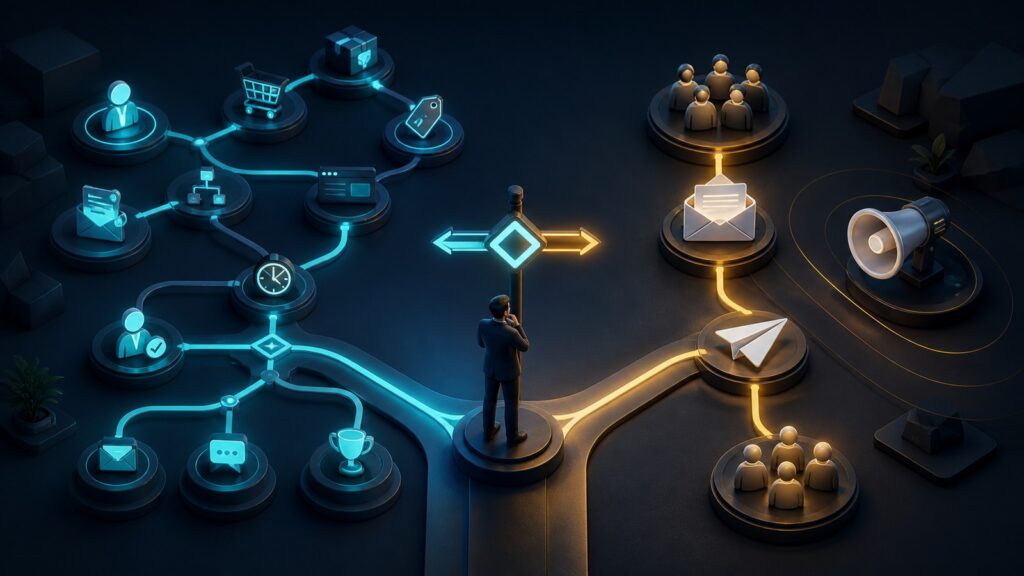 Editorial business scene illustrating marketing automation platforms and newsletter marketing software