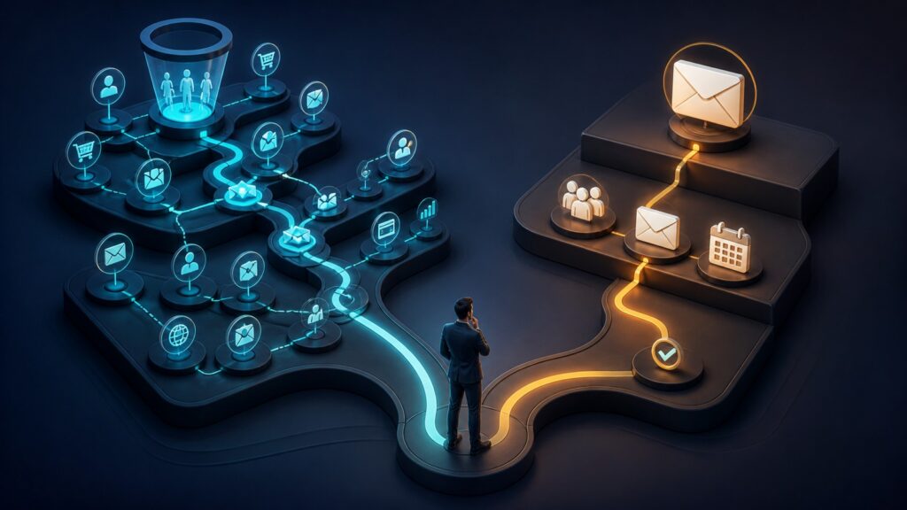 Editorial business scene illustrating marketing automation platforms and small business email marketing software