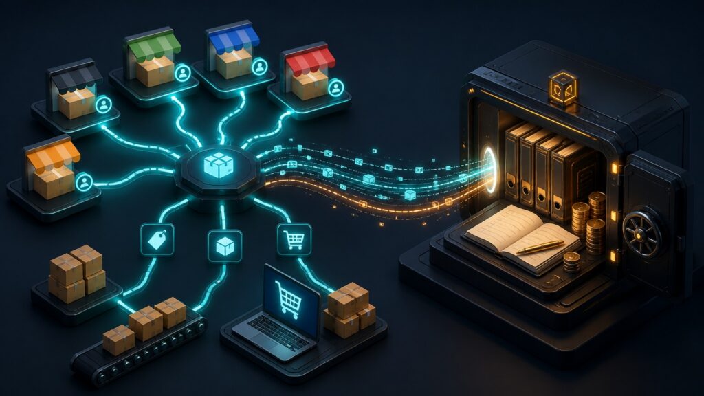 Editorial business scene illustrating marketplace integration platforms and cloud accounting software