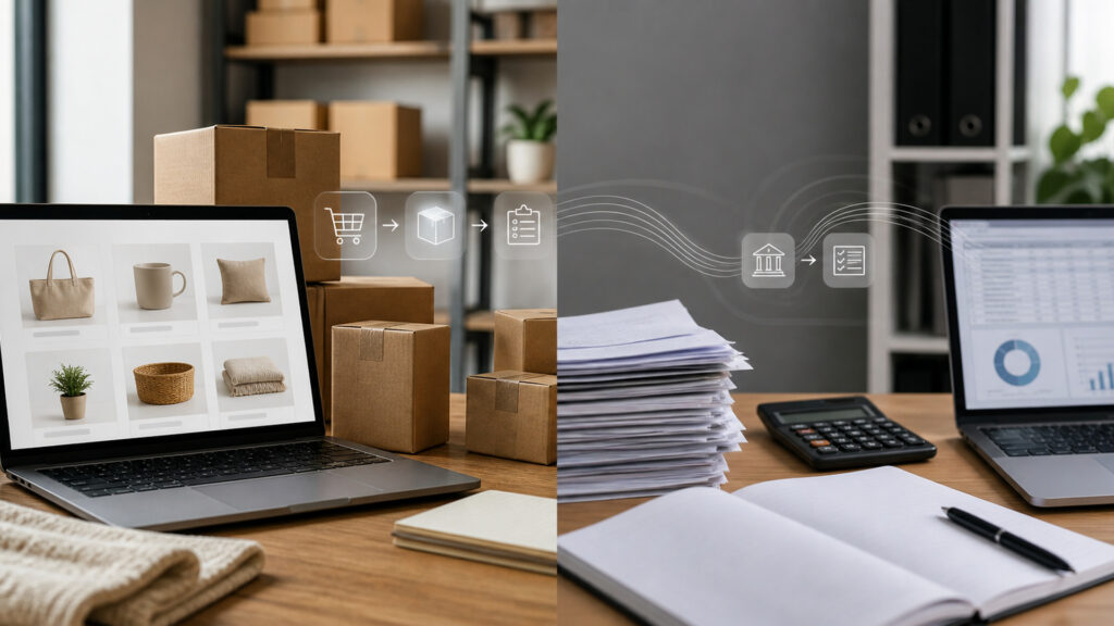 Editorial business scene illustrating marketplace selling platforms and bookkeeping software