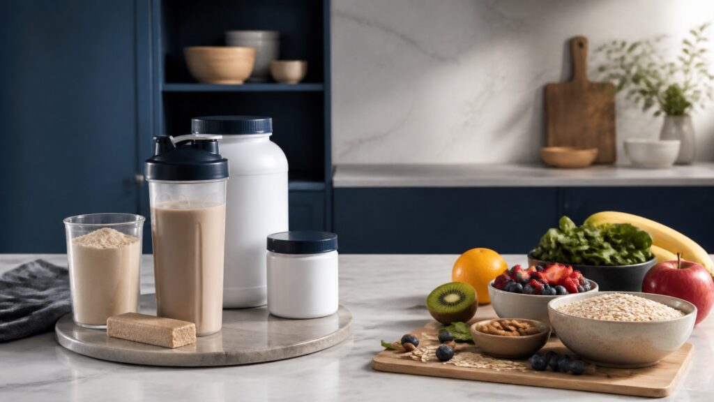People-free editorial still life illustrating standardized meal substitution versus flexible food pattern