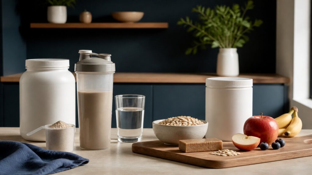 People-free editorial still life illustrating complete packaged meal role versus fluid supplement