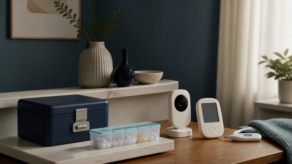 People-free editorial still life illustrating medication workflow versus infant monitoring