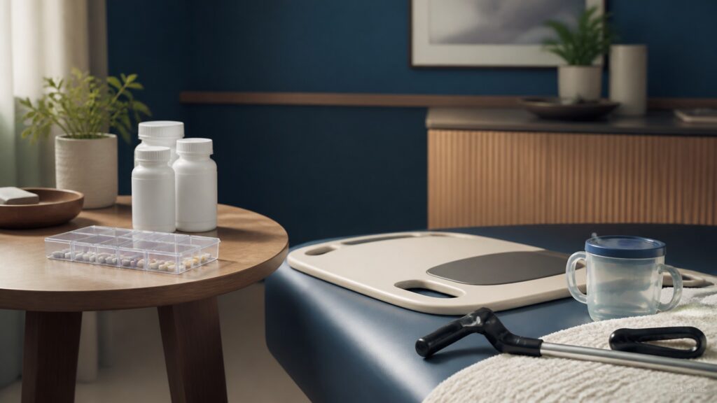 People-free editorial still life illustrating medicine control versus physical care assistance