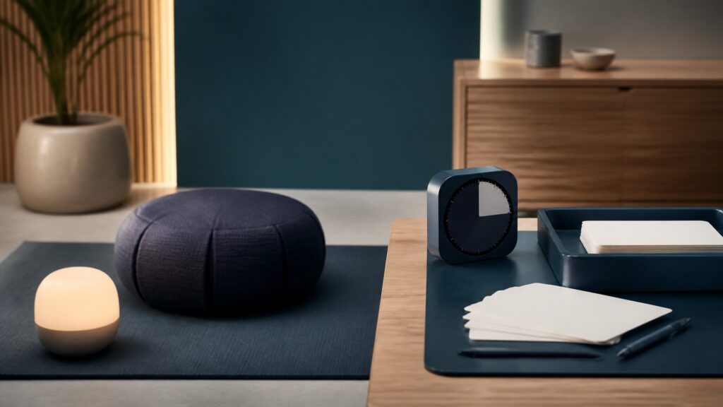 People-free editorial still life illustrating attention practice contrasted with task productivity support