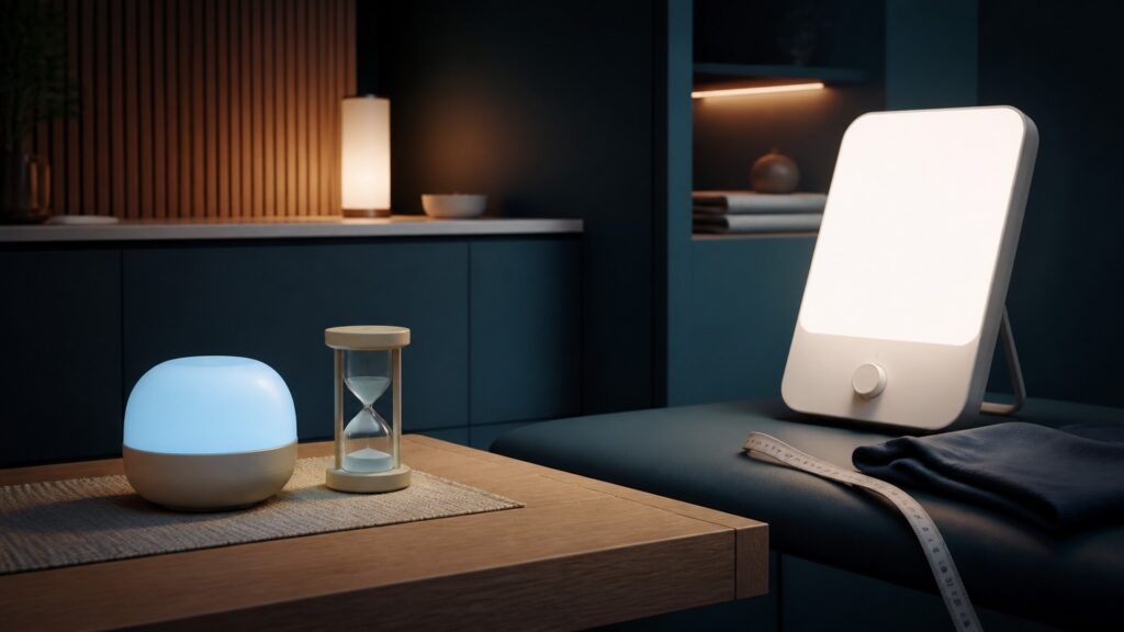 People-free editorial still life illustrating guided awareness contrasted with timed light