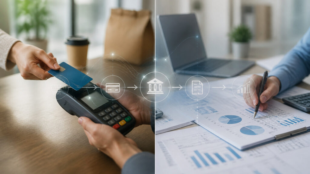 Editorial business scene illustrating merchant services and accounting software