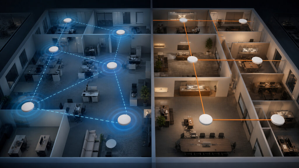 Editorial business scene illustrating mesh wifi and traditional access points