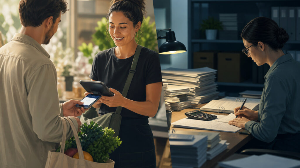Editorial business scene illustrating mobile pos systems and bookkeeping software