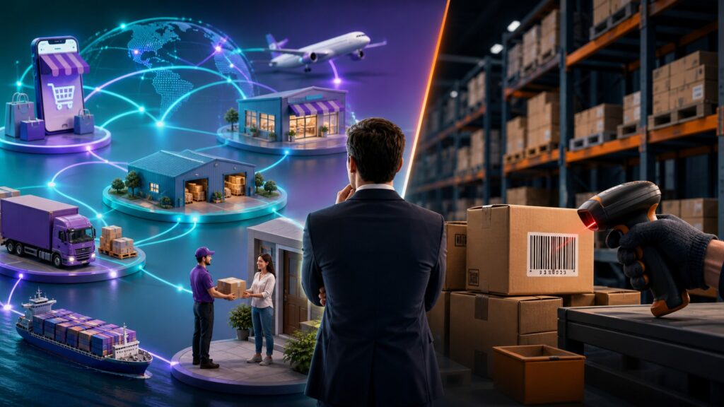 Editorial business scene illustrating multi-channel inventory software and barcode inventory systems