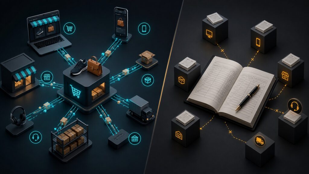 Editorial business scene illustrating multichannel selling platforms and cloud accounting software