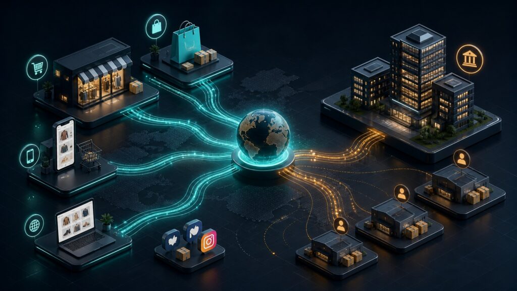 Editorial business scene illustrating multichannel selling platforms and enterprise accounting software