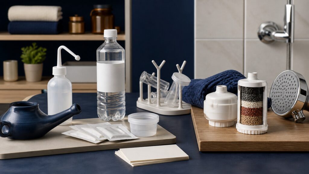 People-free editorial still life illustrating sterile-water nasal rinsing contrasted with shower-fixture media treatment