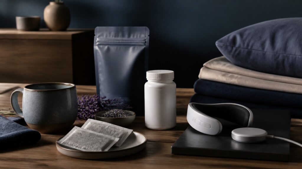 People-free editorial still life illustrating bedtime preparation versus device-delivered modality
