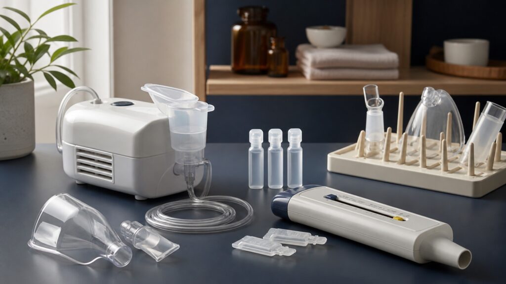 People-free editorial still life illustrating aerosolized prescription treatment contrasted with maximum expiratory-speed tracking
