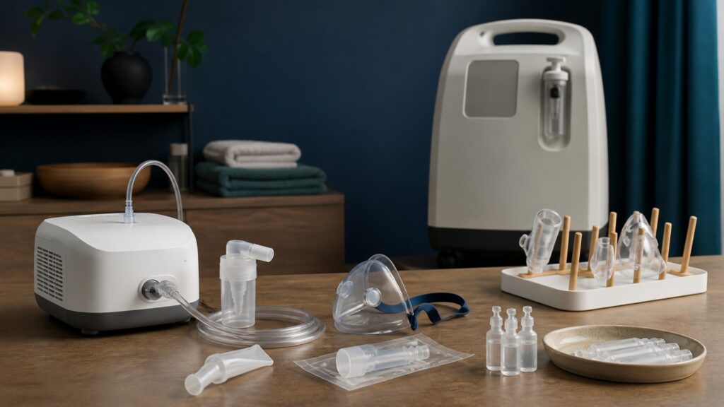 People-free editorial still life illustrating liquid medicine aerosolization contrasted with supplemental oxygen supply