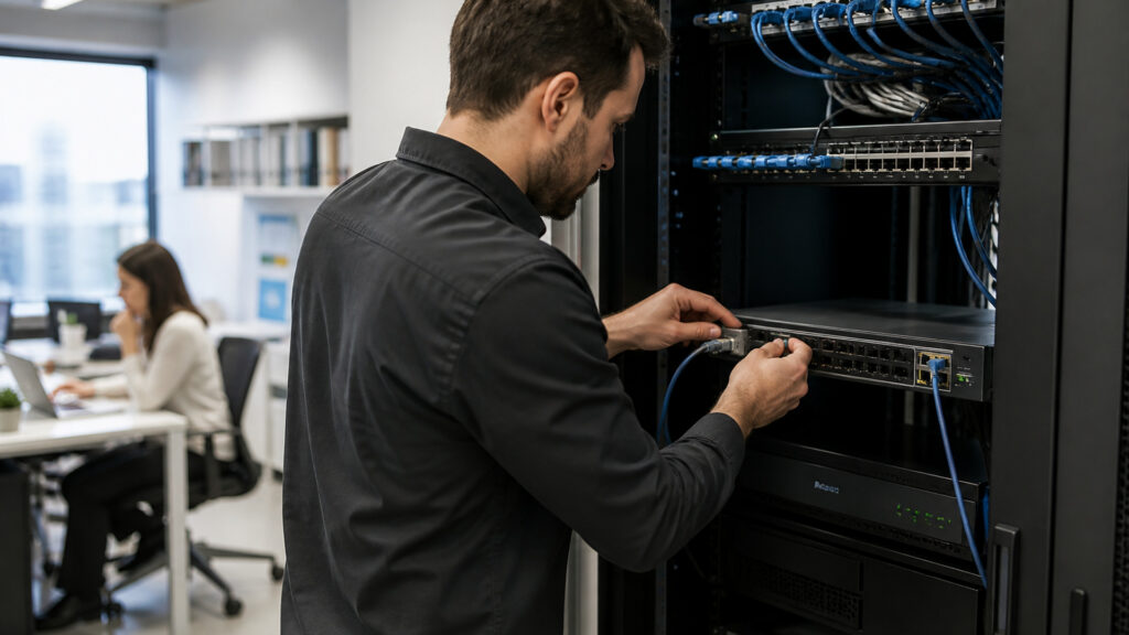 Editorial business scene illustrating network security appliances and cloud accounting software