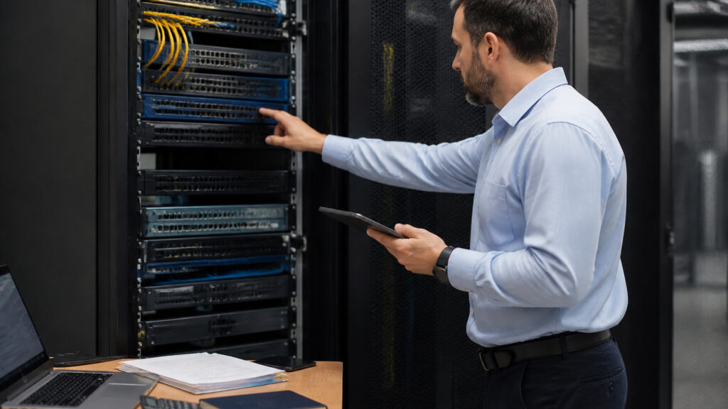 Editorial business scene illustrating network security appliances and enterprise accounting software