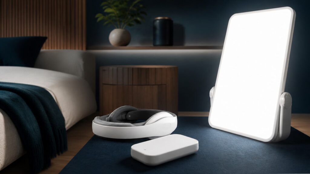 People-free editorial still life illustrating neural feedback or stimulation contrasted with illumination