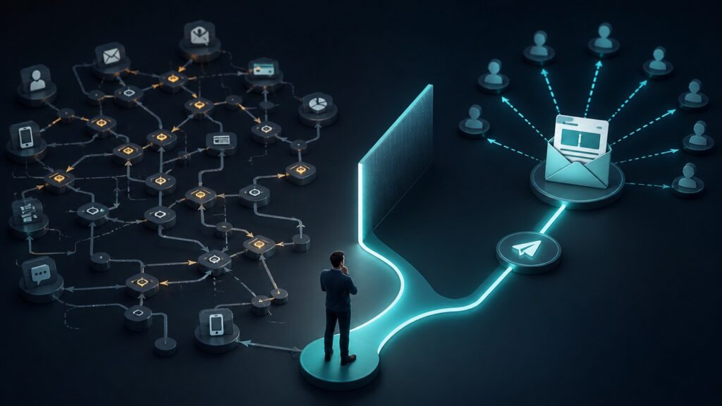 Editorial business scene illustrating newsletter marketing software and marketing automation platforms