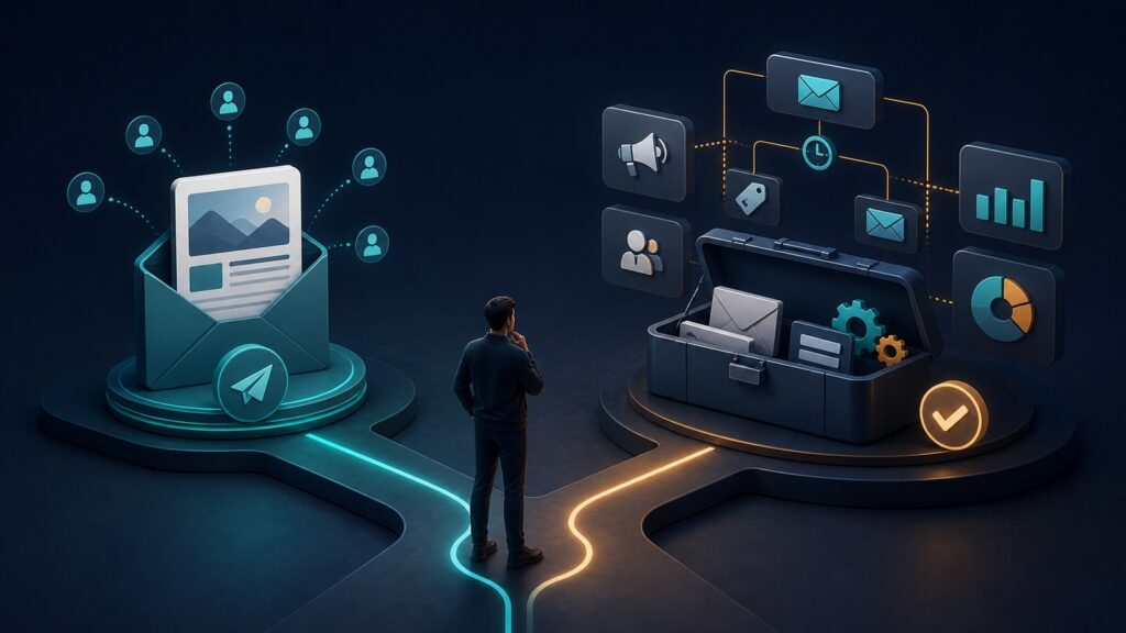 Editorial business scene illustrating newsletter marketing software and small business email marketing software