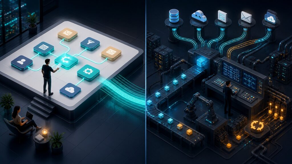 Editorial business scene illustrating no-code automation platforms and integration automation software