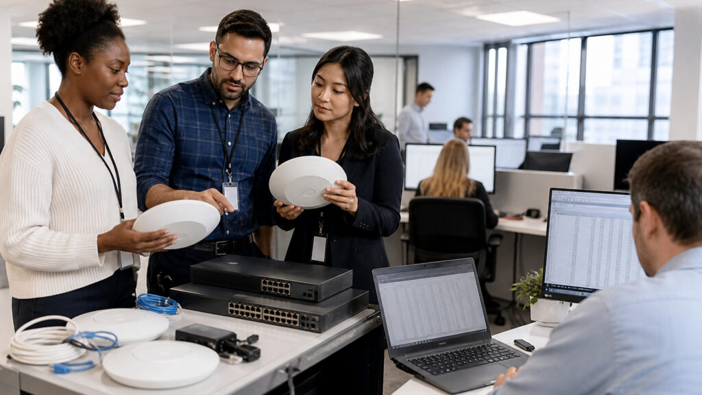 Editorial business scene illustrating office wifi systems and enterprise accounting software