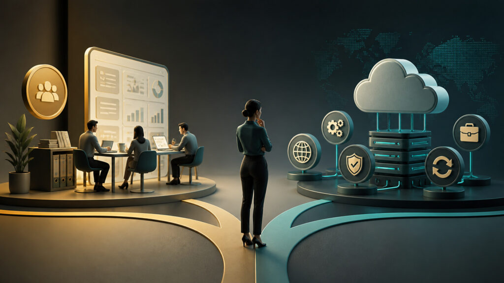 Editorial business scene illustrating online bookkeeping software and cloud accounting software