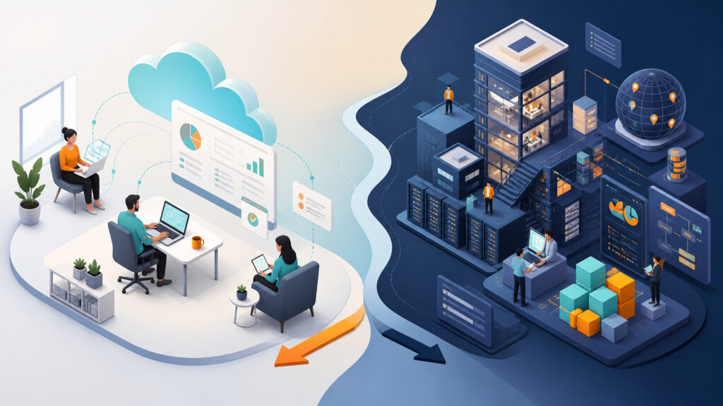 Editorial business scene illustrating online bookkeeping software and enterprise accounting software