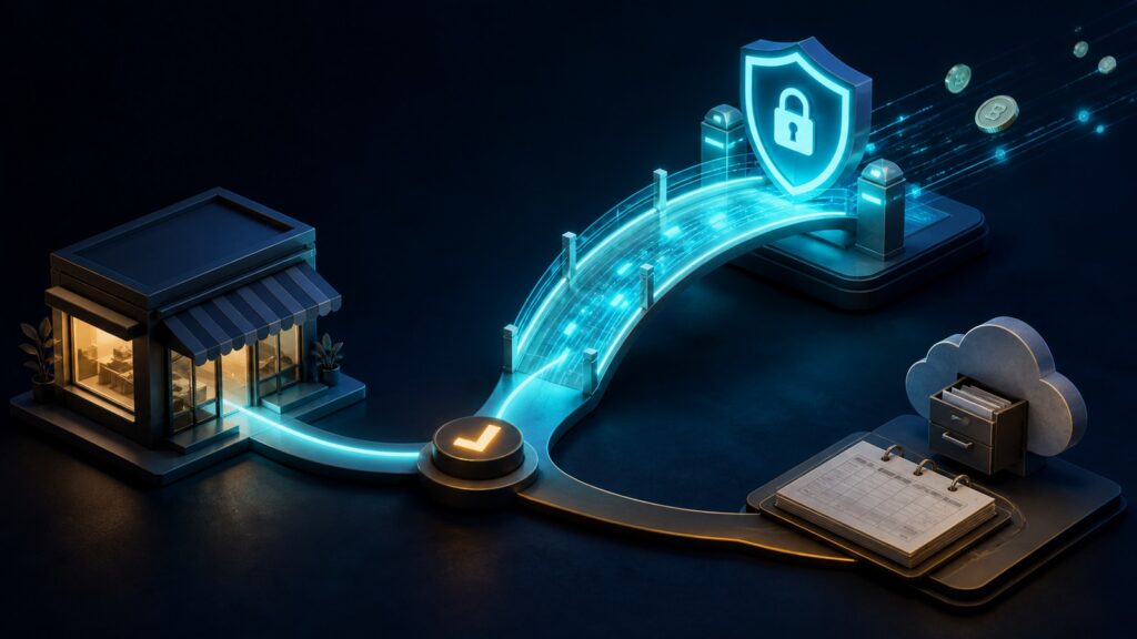 Editorial business scene illustrating online payment gateways and cloud accounting software
