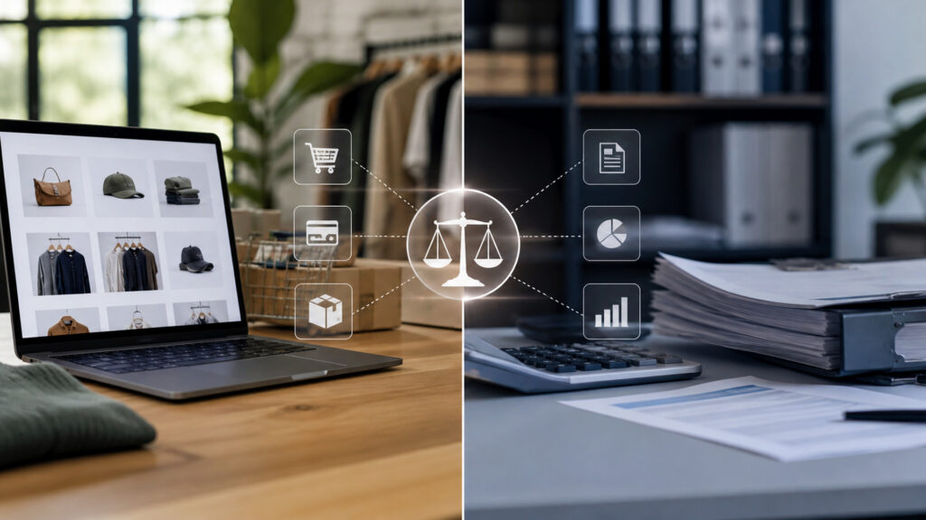 Editorial business scene illustrating online store platforms and accounting software