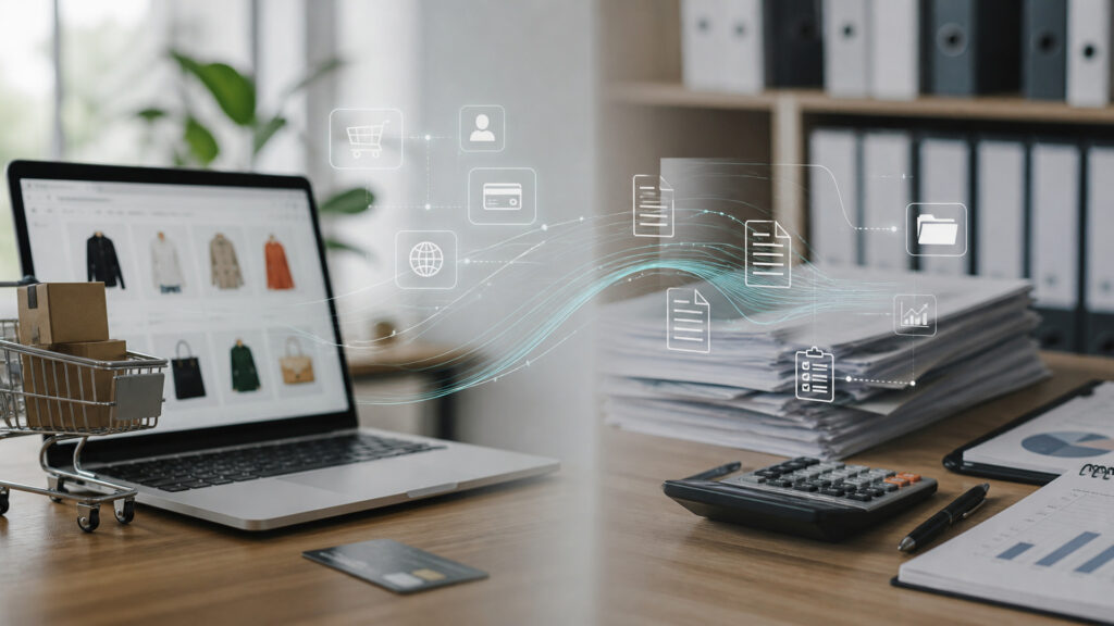 Editorial business scene illustrating online store platforms and bookkeeping software
