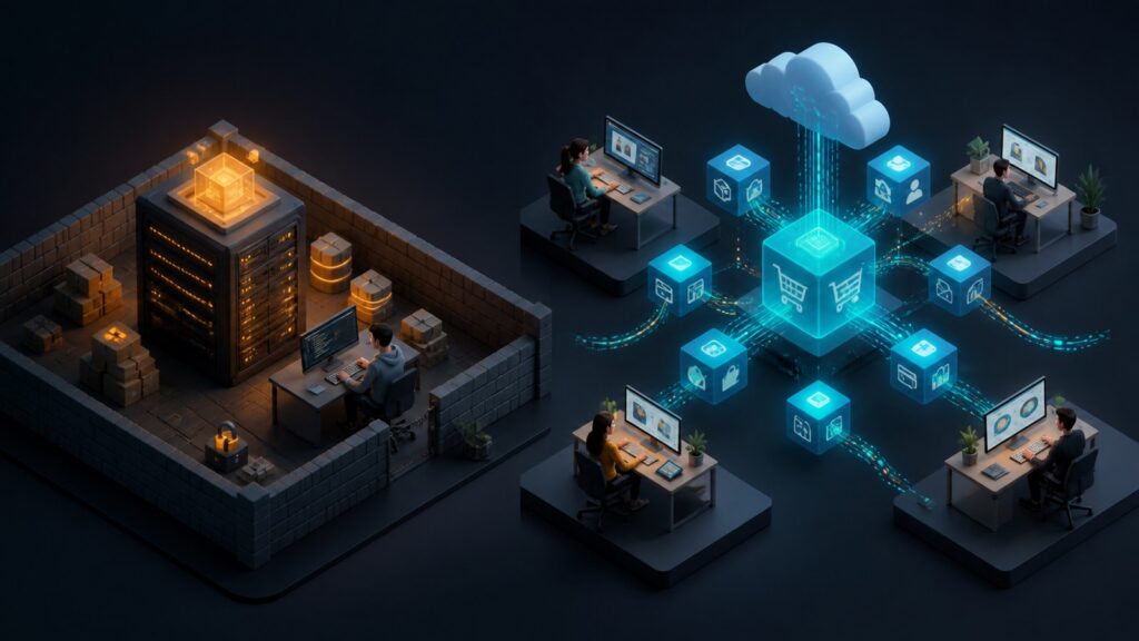 Editorial business scene illustrating open source ecommerce platforms and headless ecommerce platforms