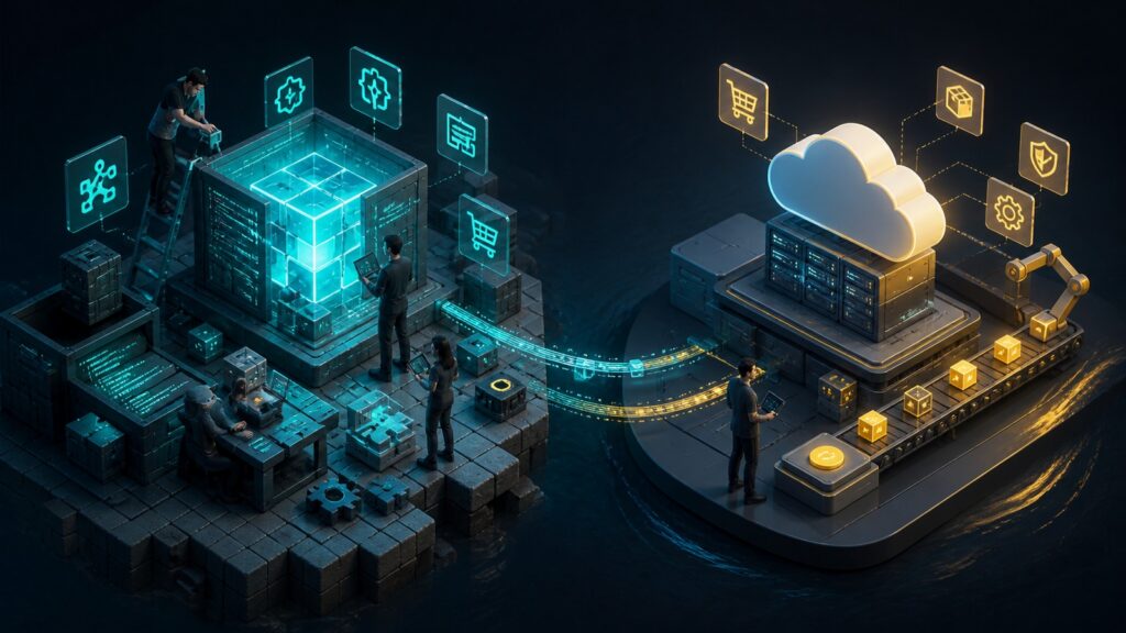 Editorial business scene illustrating open source ecommerce platforms and hosted ecommerce platforms