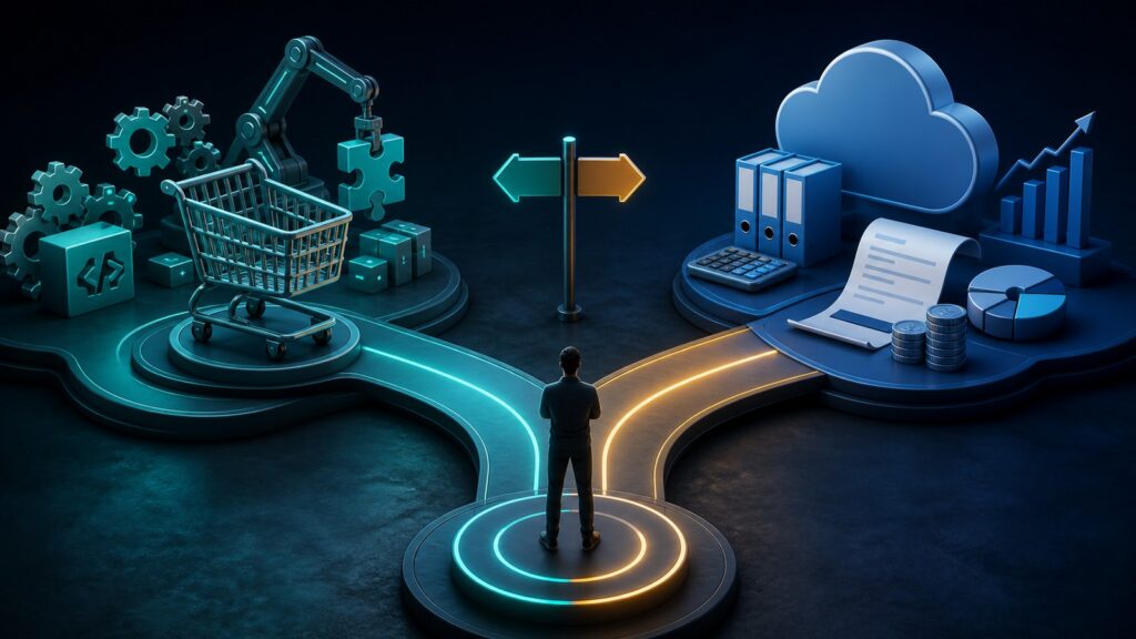Editorial business scene illustrating open source shopping cart software and cloud accounting software