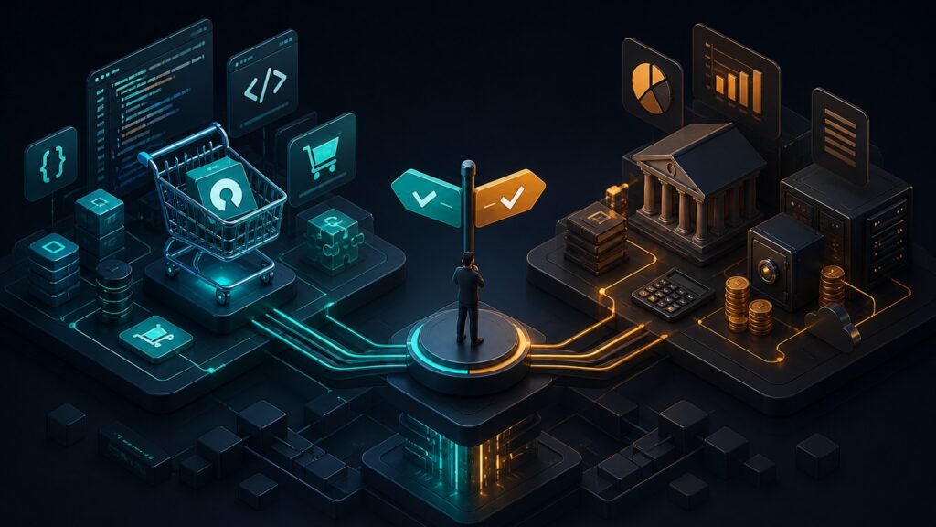 Editorial business scene illustrating open source shopping cart software and enterprise accounting software