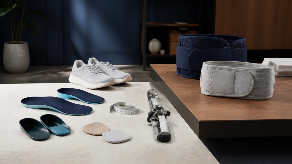 People-free editorial still life illustrating foot contact modification versus trunk positioning