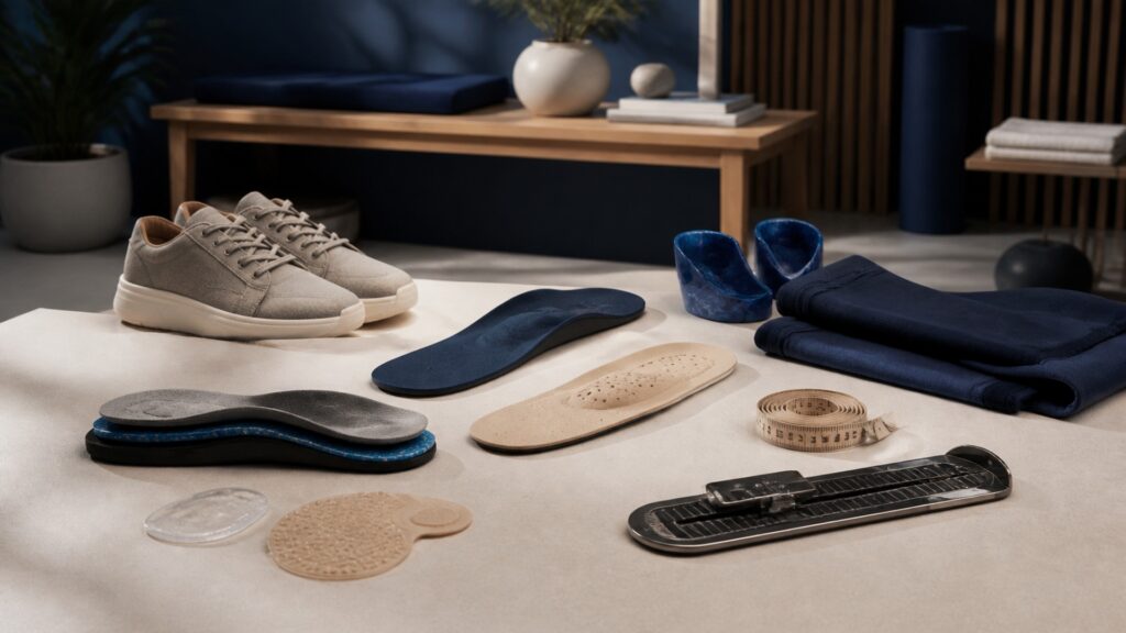 People-free editorial still life illustrating plantar load distribution versus circumferential pressure