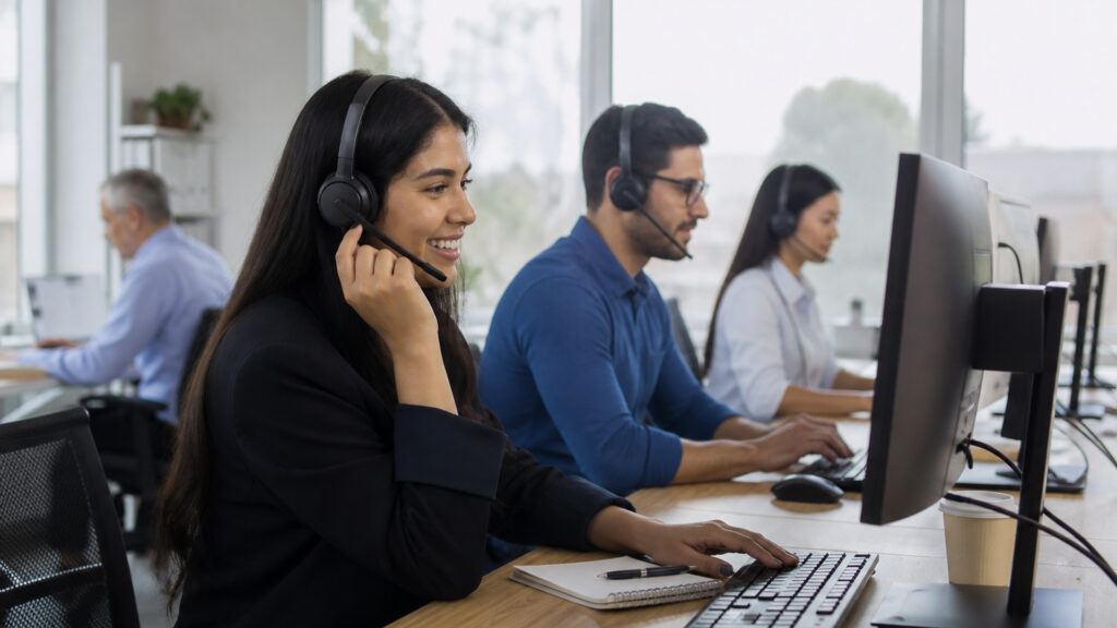 Editorial business scene illustrating outbound call center software and cloud accounting software