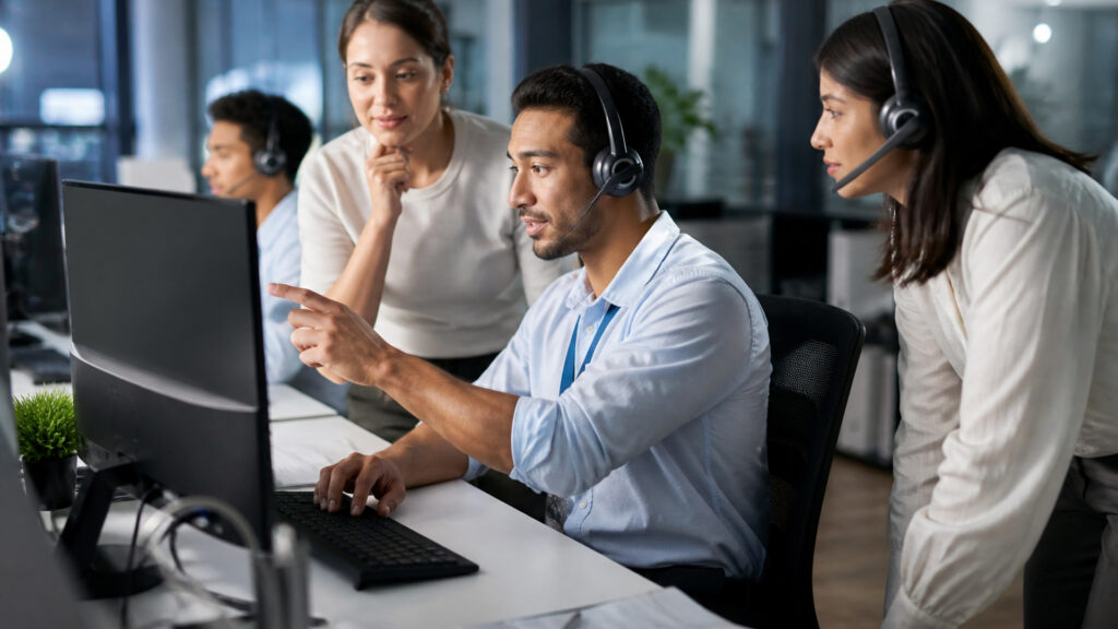 Editorial business scene illustrating outbound call center software and enterprise accounting software