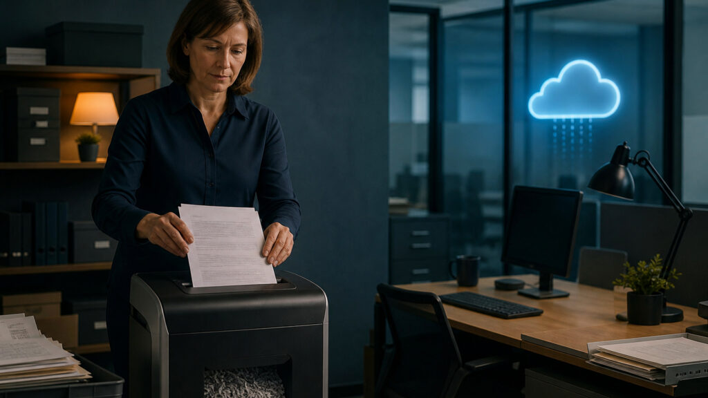 Editorial business scene illustrating paper shredders and cloud accounting software