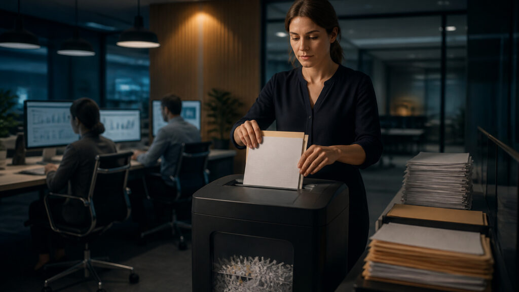 Editorial business scene illustrating paper shredders and enterprise accounting software